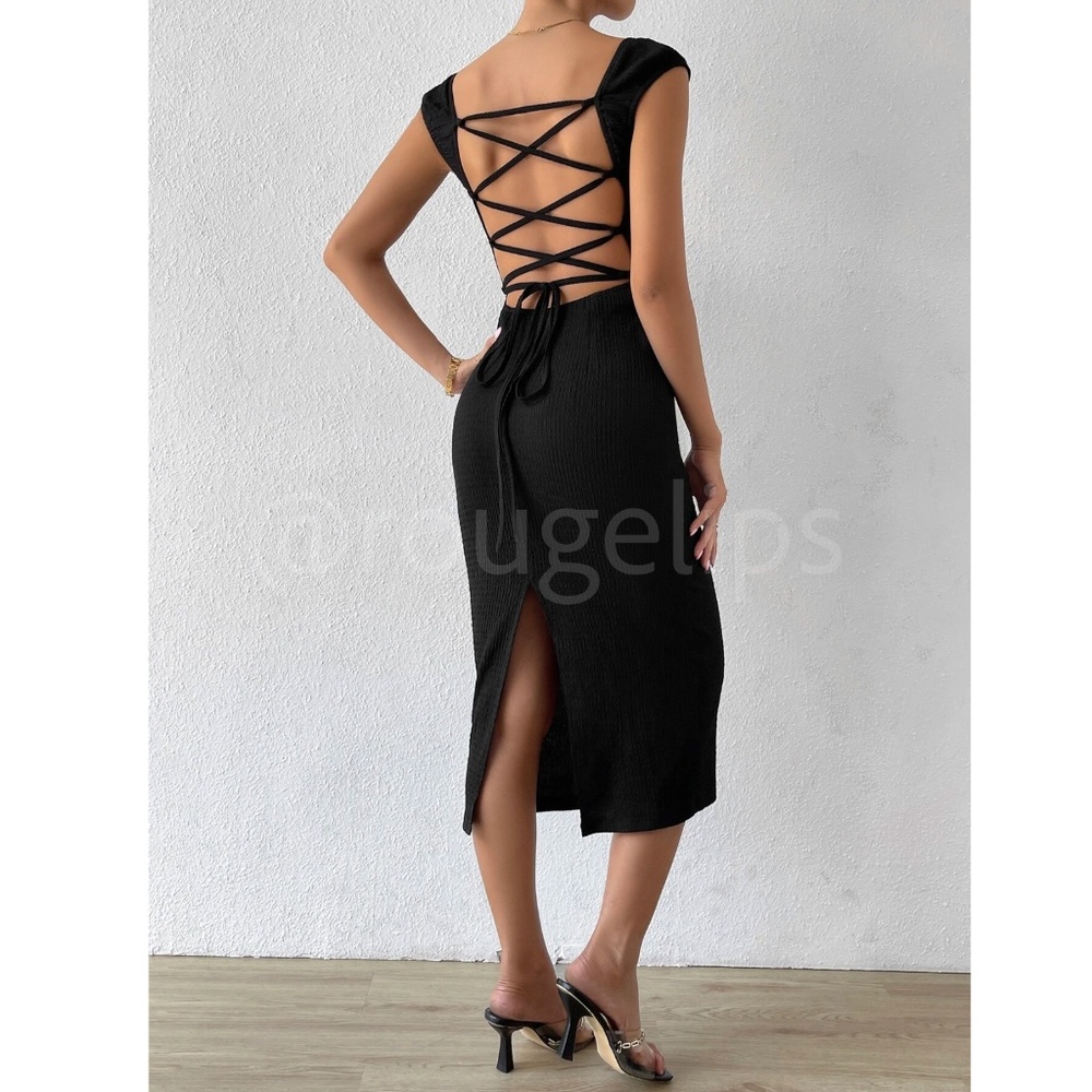 Sweetheart Neckline Decollete Black Pencil Dress Lace Up Back Slit Midi - Picture 6 of 9